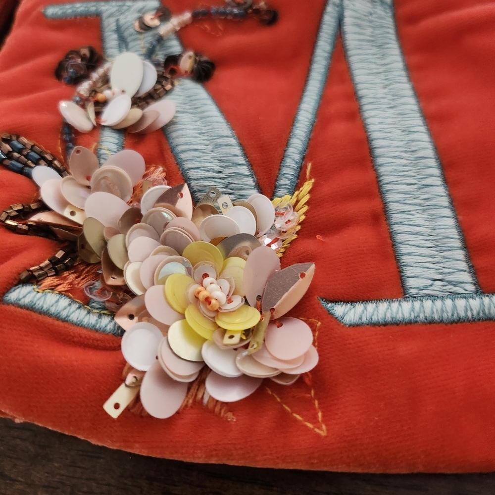 Anthropologie Coral Floral Embellished Cosmetic Pouch View 2